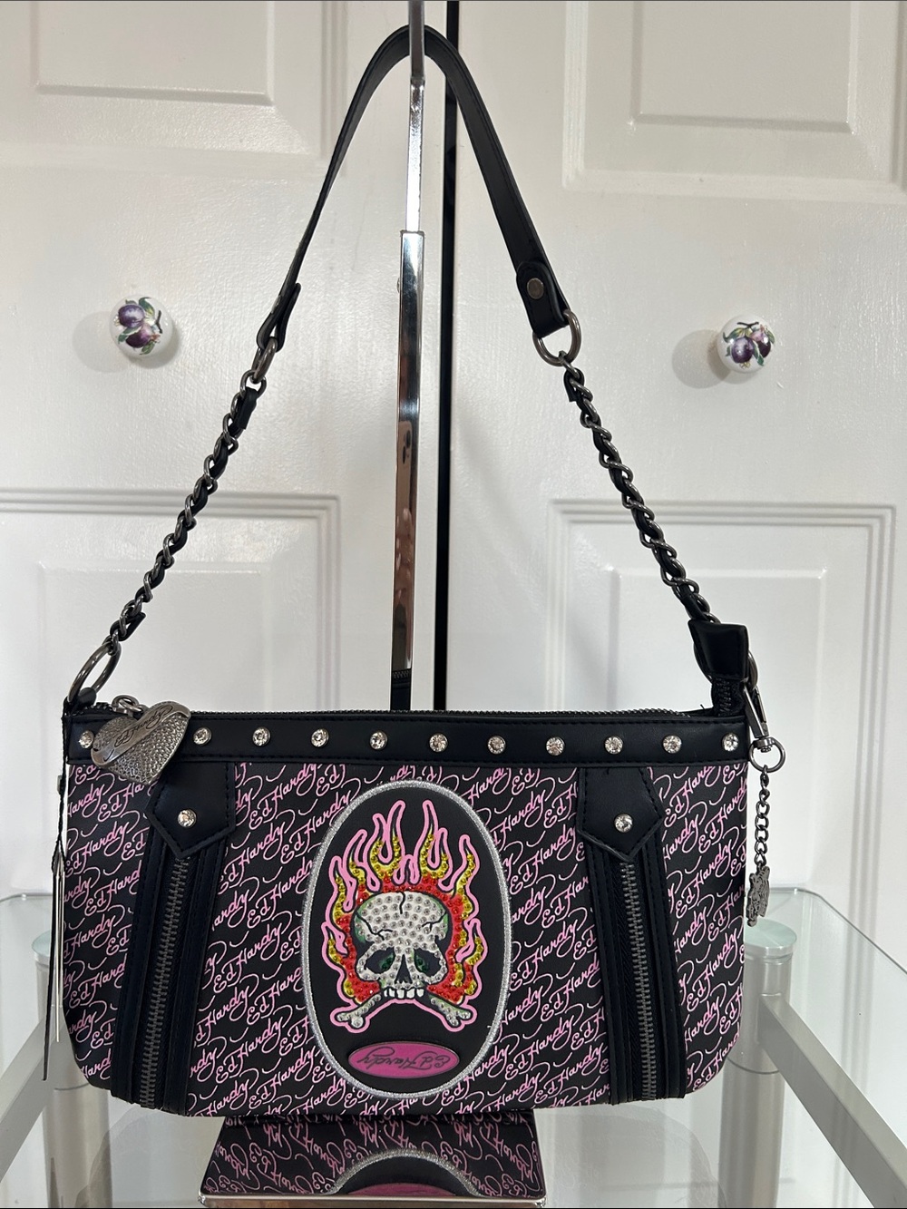 Ed Hardy Black and Pink Skull Flame Chain-Handle Shoulder Bag